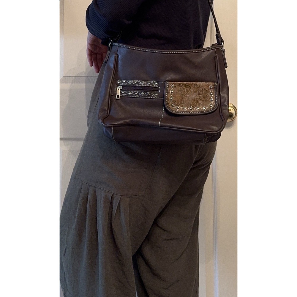 Y2K Western Cow Studded Brown Faux Leather Tooled Floral Shoulder Crossbody Bag